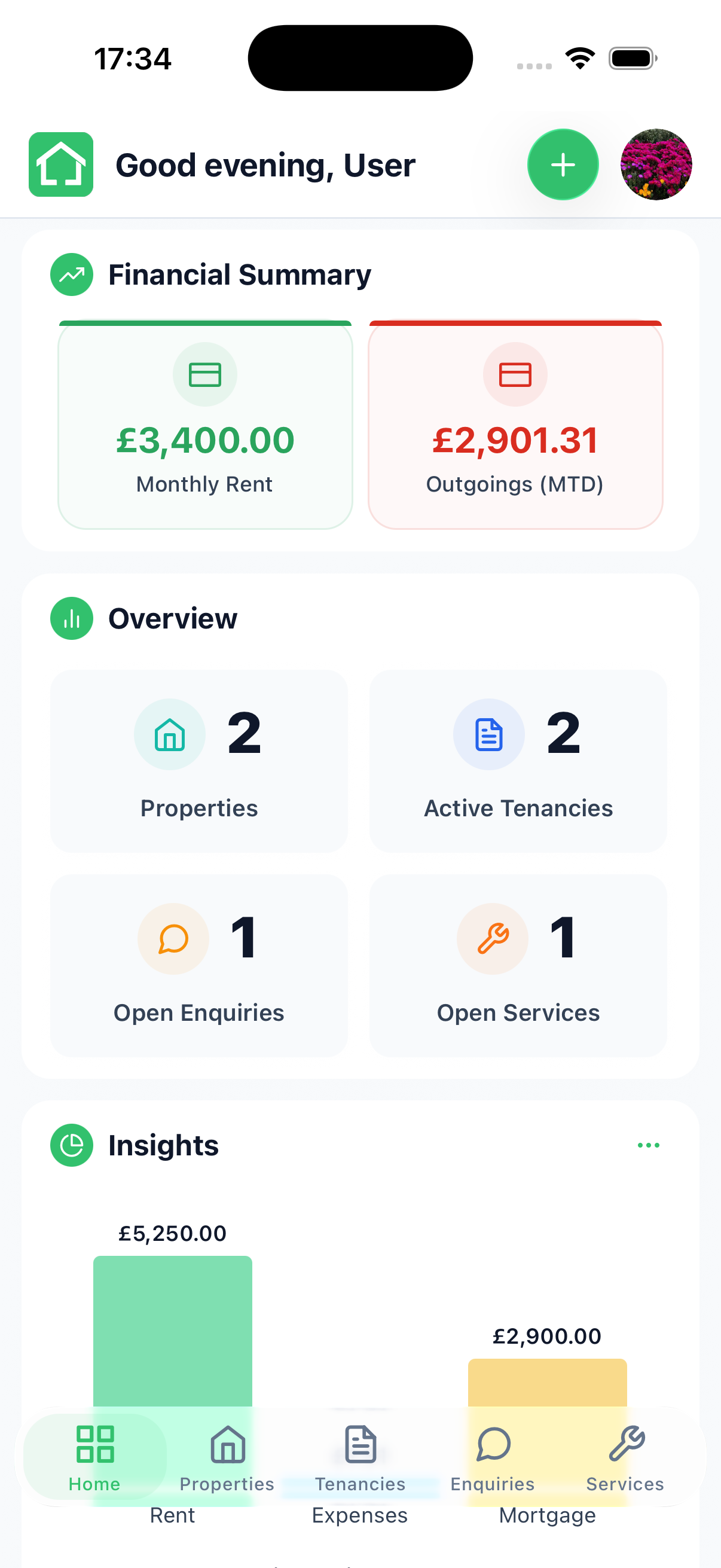 Rentably property management app home screen showing landlord dashboard with property overview