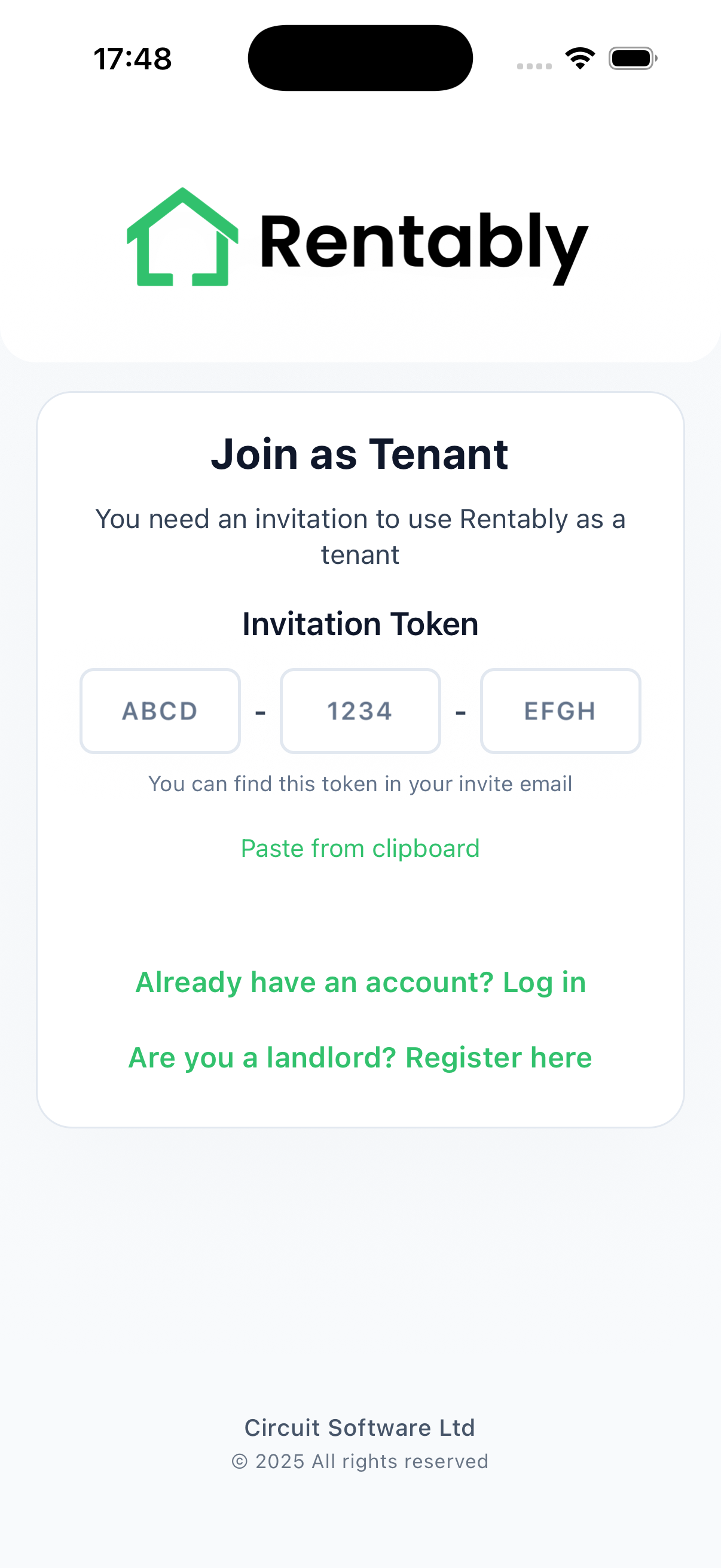 Rentably app tenant signup screen for onboarding new tenants